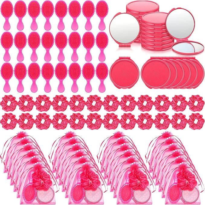 12 Set 12 Pcs Pink Girl Party Favors Kids Makeup Party Favor Pink Hair Brush Elastic Scrunchies Compact Cosmetic Mirror Organza Bags Hair Accessories for Girls Women