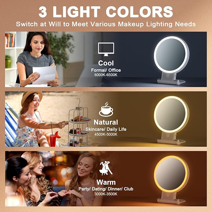 1X/20X Magnifying Mirror with Light, Double Sided Makeup Mirror with Adjustable Folding Handle, 2000mAh Rechargeable Vanity Mirror with Tweezer, Portable Tabletop Mirror for Travel Home