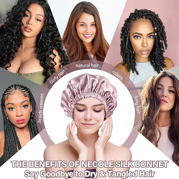 22 Momme 100% Mulberry Double Silk Bonnet for Sleeping Women Double Layer Lined Stay On Head for Hair Care with Adjustable Elastic Band Non-Slip Silk Turban Curly Hair Silk Hair Cap Dusty Pink