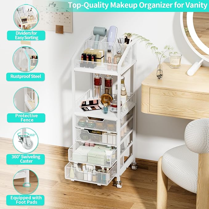 HapiRm Makeup Organizer Storage Cart - Floor Skincare Make Up Storage with 4 Drawers, Rolling Makeup Cart Vanity Organizer Cosmetics Display Cases Holder for Skin Care Perfume Nail Polish