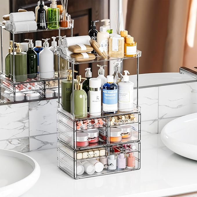 3 Pack Bathroom Organizers and Storage Countertop With 7 Drawers,Stackable Vanity Top Organizer,18.9" Tall Large Capacity Skin Care Organizer and Exquisite Makeup Storage for Beauty Products,Clear