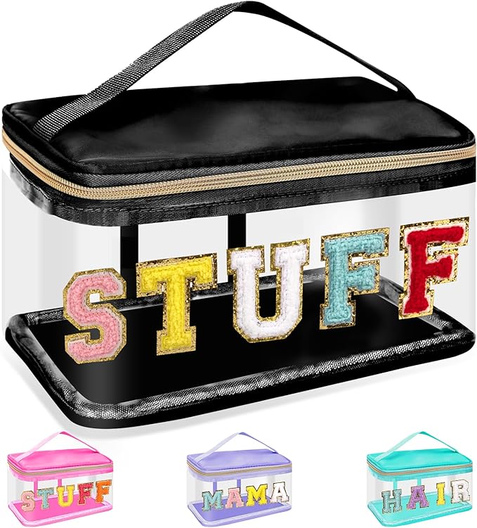 Chenille Letter Clear Makeup Bags Stuff Pouch, Preppy Patch Makeup Bag Zipper with Handle, Transparent PVC & Nylon Waterproof Glitter Cosmetic Handbag Travel Toiletry Storage for Women(STUFF-Black)