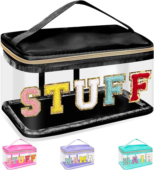 Chenille Letter Clear Makeup Bags Stuff Pouch, Preppy Patch Makeup Bag Zipper with Handle, Transparent PVC & Nylon Waterproof Glitter Cosmetic Handbag Travel Toiletry Storage for Women(STUFF-Black)
