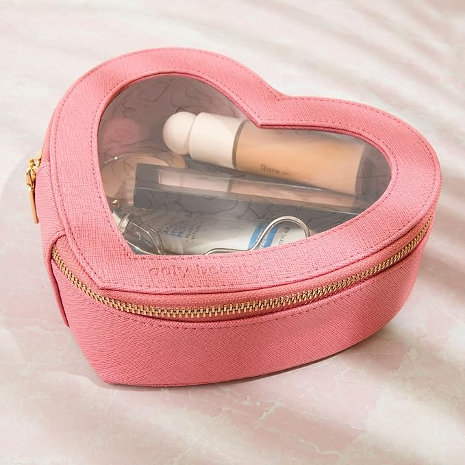 Heart Makeup Bag – Pink Heart Cosmetic Bag with Clear Cover – Gift Ideas for Women, Mom, Girlfriends, Her - Large Capacity for Full Size Makeup, Skincare and Brushes