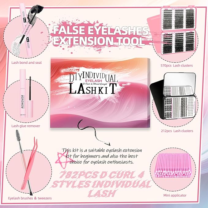 DIY Lash Extension Kit 782Pcs D Curl 4 styles Individual Lash with Bottom Lash Clusters Lash Bond and Seal,Quick Glue Remover Tweezers Eyelash Brush Mini Applicator (LASH001)