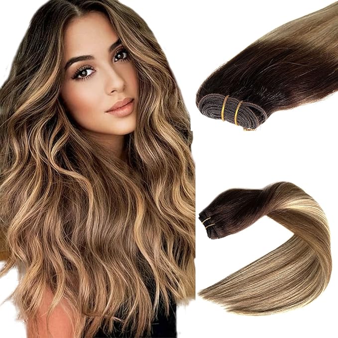 Sew in Hair Extensions Real Human Hair, Ombre Brown Balayage Ash Brown and Blonde Highlights Weft Hair Extensions Human Hair Bundles 12 Inch 80G Sew in Hair Extensions Hand Tied Weft Hair Extensins
