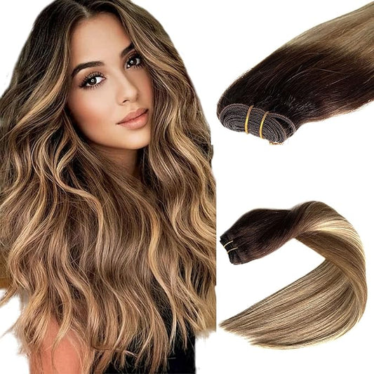 Sew in Hair Extensions Real Human Hair Bundles Ombre Brown to Ash Brown Balayage Blonde Weft, 20 Inch 100G Hand Tied Human Hair Extensions