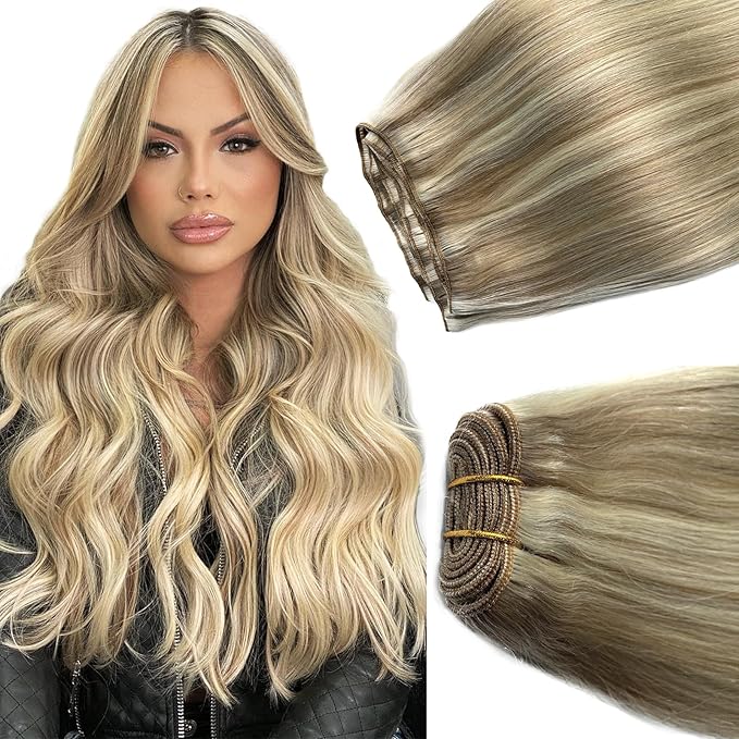 Sew in Hair Extensions Real Human Hair Ash Blonde Balayage Blonde Hand Tied Weft Hair Extensions Human Hair Bundles 14 Inch 80G Sew in Weft Hair Extensions Human Hair Weave Sew in Weft Extensions