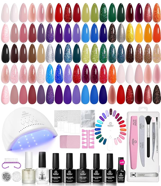 Beetles Gel Nail Polish Kit with U V Light, 68 Pcs 45 Colors Spring Summer Gel Polish Set Soak Off Manicure Tools Nail Red Green Nude Purple Gel Kit Gifts for Women