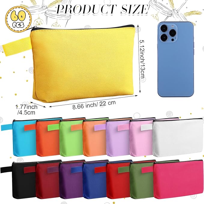 Reginary 60 Pieces Canvas Makeup Bags Bulk End of School Years Gift Cute Travel Cosmetic Pouch Multipurpose Blank Small Toiletry Bag DIY with Zipper for Travel Women Teens,15 Colors(8.6 x 5 x 2 Inch)