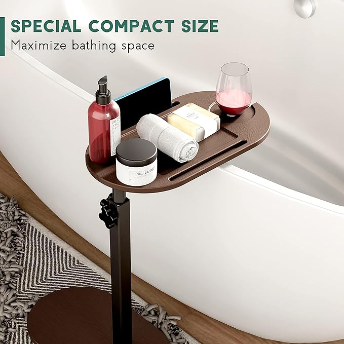 Bamboo Bathtub Tray Table with Adjustable Height, Freestanding Bath Caddy Side Table for Tub Against Wall, Tub Shelf with Wine Glass Phone Holder, Functional Tray - Patent Protected (Brown)
