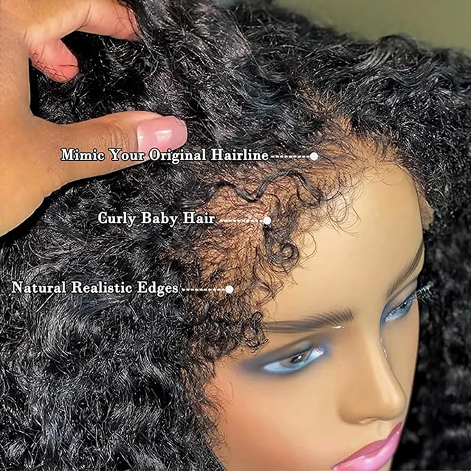 4C Edges Kinky Curly Lace Front Wigs Human Hair 13x4 HD Transparent Lace Frontal Wigs with Curly Edges Baby Hair, Deep Wave Curl Wig Pre-Plucked Hairline 180% Density 20 inch