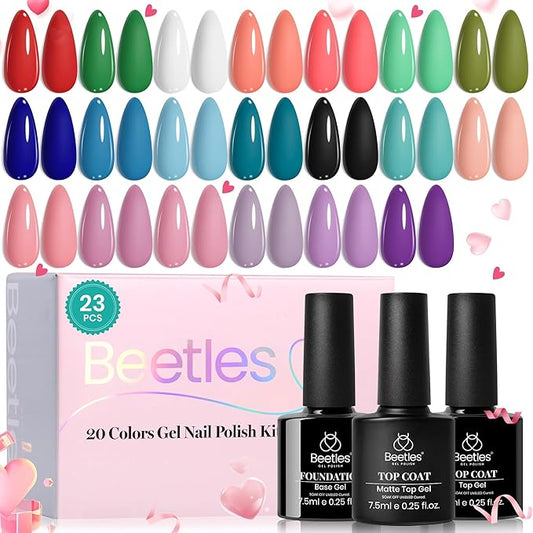 Beetles Gel Nail Polish Set 20 Colors White Black Nude Gel Polish with Base Coat Matte Glossy Top Coat Trendy Colors Uv LED Lamp Nails Gifts for Mom Vibrant Subtle