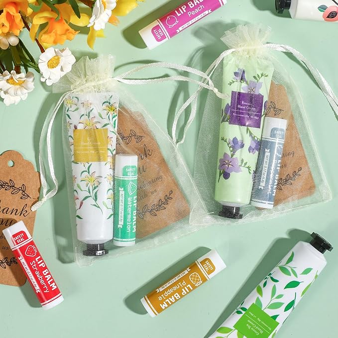 AZEN 60 Sets Hand Cream and Lip Balm Set with Organza Bag Thank You Card, Baby Shower Wedding Gifts for Guests, Bridal Souvenirs for Colleagues Employee Coworkers, Party Favor for Female Friends