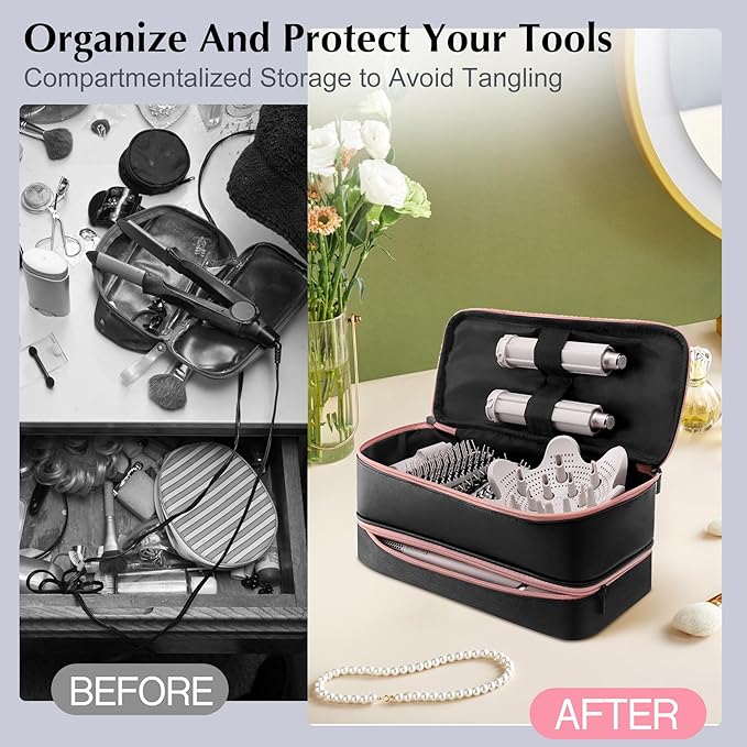 Travel Carrying Case for Shark Flex Style, Double Layer Hair Dryer Accessories Tools Storage Case, Waterproof PU Leather Organizer Bag for Shark Flexstyle/Dyson Airwrap Styler and Attachments (Black)