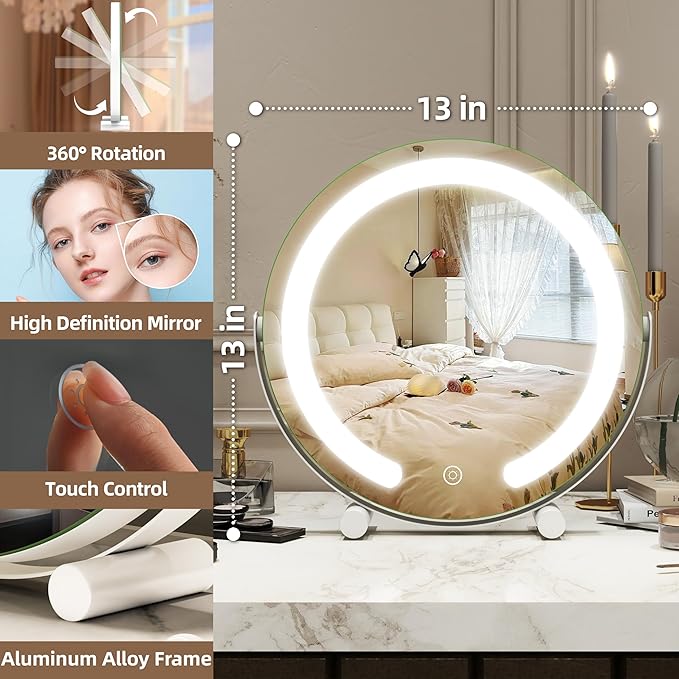 FENNIO Vanity Mirror with Lights, 13 inch COB LED Lighted Makeup Mirror, Round Makeup Mirror with Lights with 3-Color Lighting, 360° Rotation, Dimmable for Tabletop, Bedroom