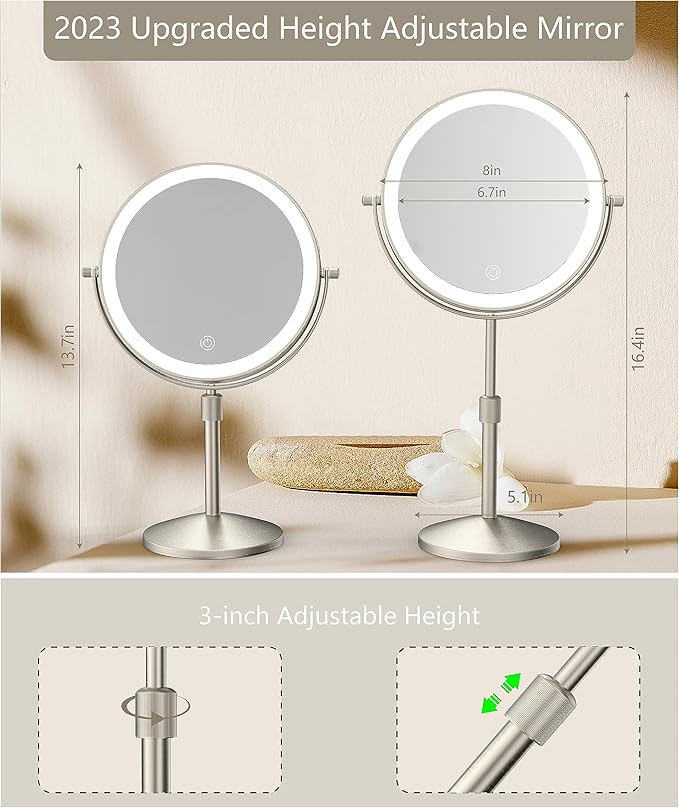 8" Lighted Makeup Mirror, 1X/10X Magnification Mirror with Light, Double Sided Dimmable Mirror, Rechargeable & Brightness & Height Adjustable, Cordless Vanity Mirror(Brushed Nickel)