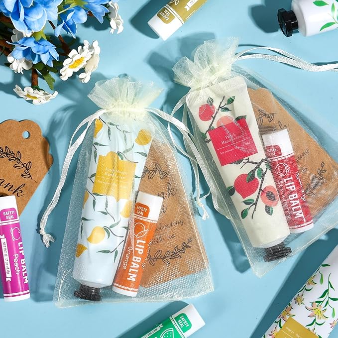 AZEN 60 Sets Hand Cream and Lip Balm Set with Organza Bag Thank You Card, Baby Shower Wedding Gifts for Guests, Bridal Souvenirs for Colleagues Employee Coworkers, Party Favor for Female Friends
