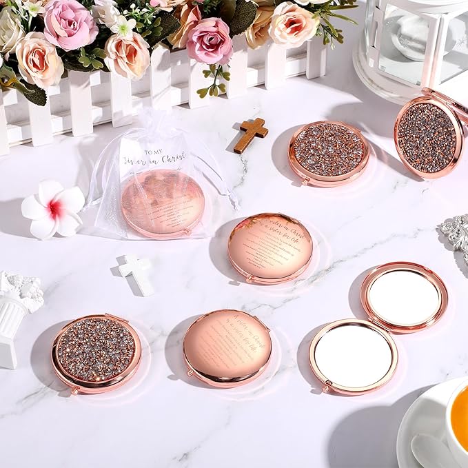 Geetery 10 Set Bulk Mothers Day Church Gifts Christian Compact Mirrors Bulk Sisters in Christ Pocket Mirrors Religious Faith Gifts for Women Mom Friend Bestie Niece Purses (Rose Gold)