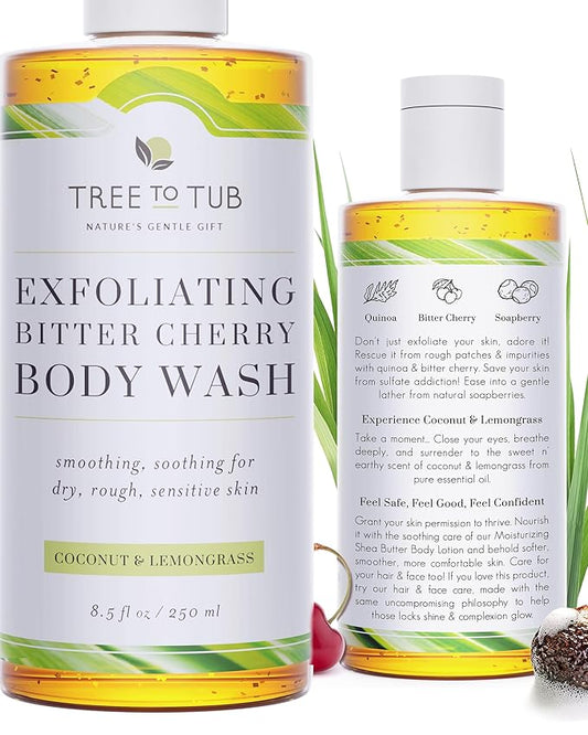 Tree to Tub Bitter Cherry Coconut Exfoliating Body Wash - Gentle Exfoliating Body Scrub for Sensitive Skin - Skin Exfoliator for Body for Women & Men w/Natural Soapberry, Natural Cherry, Organic Rice