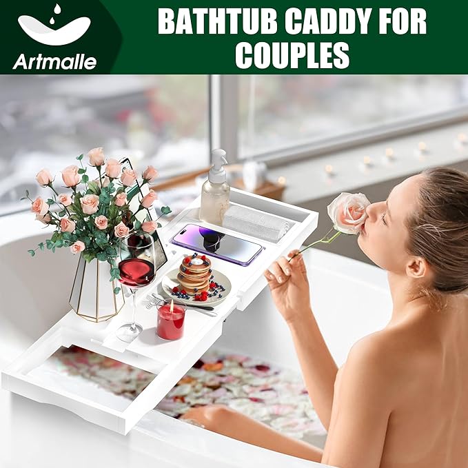 Artmalle Foldable Bathtub Caddy Tray for Tub, Bamboo Bathtub Tray Table with Book Holder for Home Spa Relax, Bathroom Accessories for Women Men with Free Soap Dish (Semi-Simple, White)