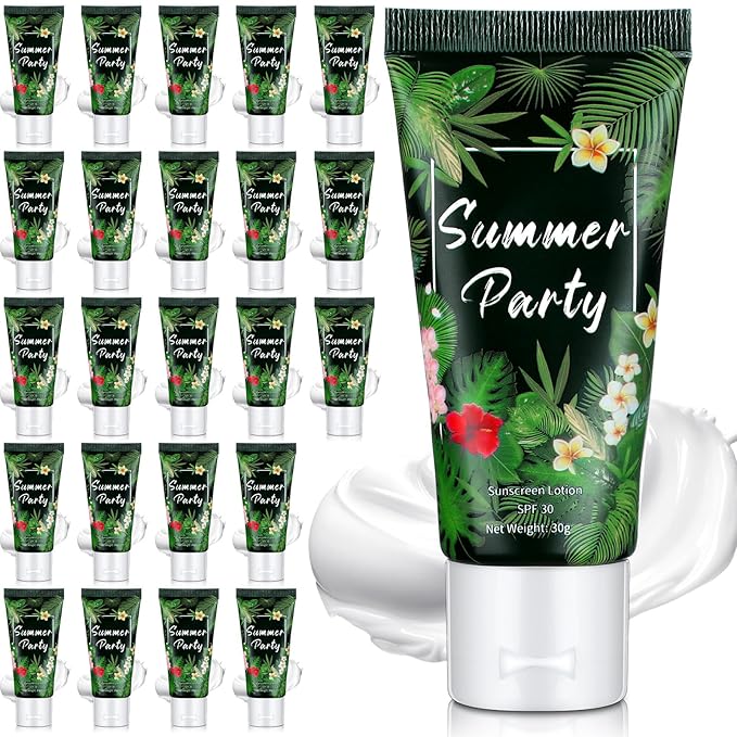 24 Pcs Mini Sunscreen Bulk for Summer Wedding Party Spf 30 Water Resistant Sunscreen Lotion Bulk 1oz Travel Size for Thank You Gifts Wedding Party Supplies(White Cream,Tropical)