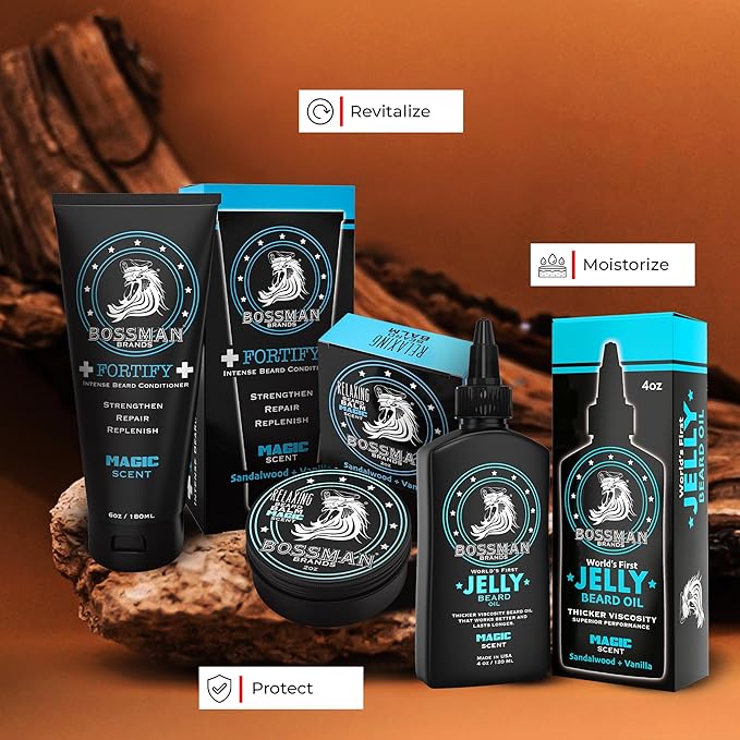 Bossman Essentials Beard Kit for Men - Beard Oil Jelly, Fortifying Conditioner Cream, Beard Balm - Grooming Growth Care Accessories (Magic)