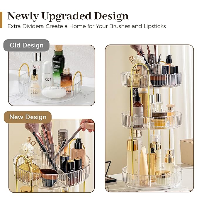 Aveniee 360° Rotating Makeup Organizer for Vanity, Perfume Skincare Bathroom Countertop Organizers, 3 Tier Spinning Skincare Storage with Brush Holder for Lipstick Cosmetic Lotion(White)