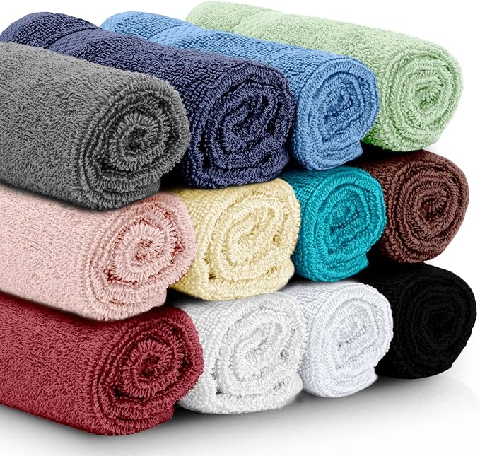 White Classic Luxury Wash Cloths 12 Pack, 13 x 13 inches Small Towels for Face, Multicolor Hotel Quality Washcloth for Showering, Gym, Spa, Bathroom, Cotton Wash Clothes Set (1pc of Each Color)