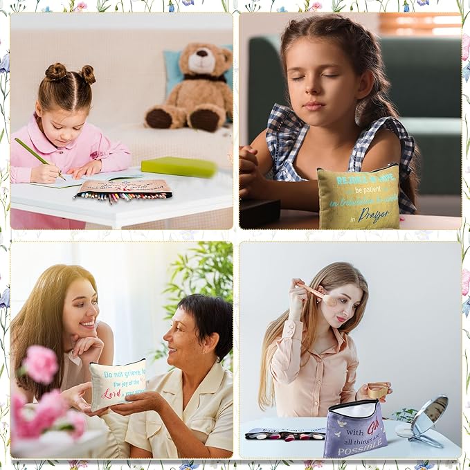 24 Pcs Christian Makeup Bag Bible Cosmetic Bags Inspirational Bible Verse Toiletry Pouches Canvas Motivational Pouches with Zipper for Women Organize Cosmetics Toiletries Stationery(Retro)