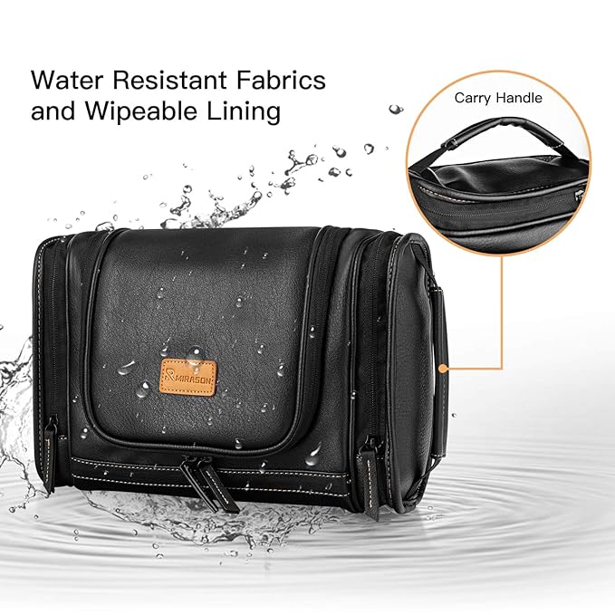 MIRASON Hanging Toiletry Bag for Men Dopp Kit Waterproof Leather Travel Organizer Bag with Sturdy Metal Hook and Handle for Bathroom Shower Cosmetics Camping Gift for Men (Black)