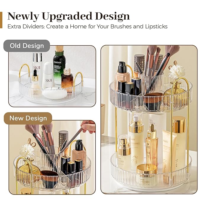 Aveniee 360 Rotating Makeup Organizer for Vanity, Upagraded Perfume Skincare Bathroom Counter Organizers with Brush Divider, Two Tier Spinning Lipstick Cosmetic Makeup Lotion Storage Organizer(White)