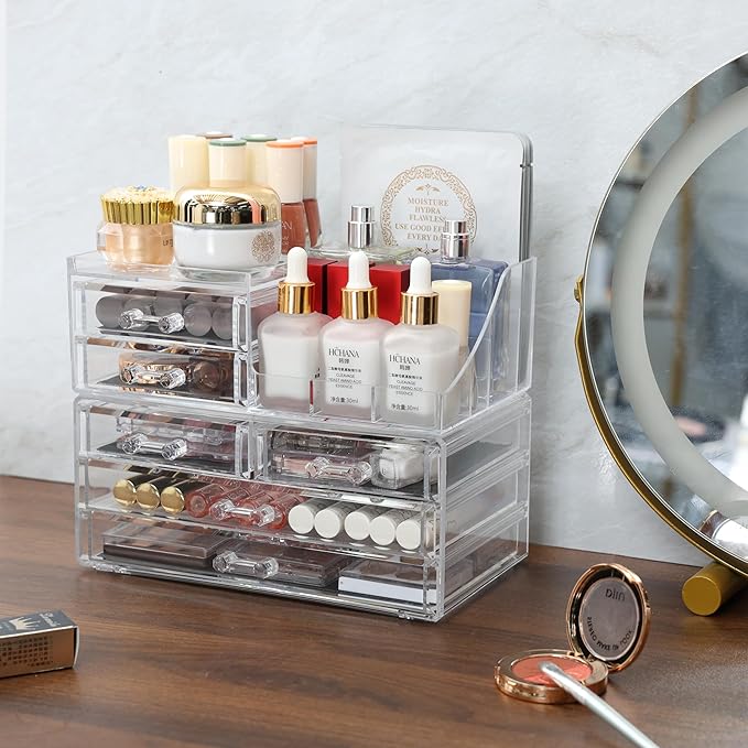 Cq acrylic Make Up Organizers for Vanity With 6 Drawers, 2 Pack Clear Drawer Organizers,Plastic Cute Desk Accessories Organization and Bathroom Organizers Storage Case Box Cube for Beauty,Skin Care