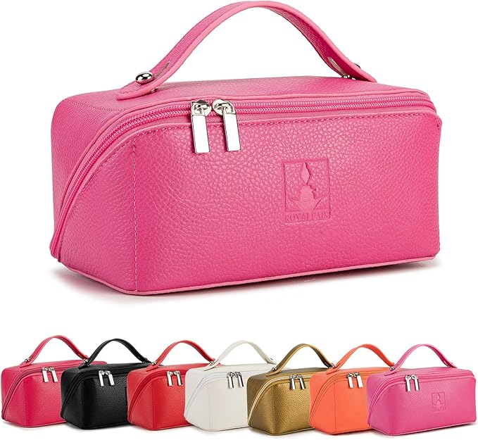 Travel Makeup Bag,Large Capacity Cosmetic Bags for Women, PU Leather Waterproof Portable Pouch Open Flat Toiletry Bag Make up Organizer with Divider and Handle (pink)