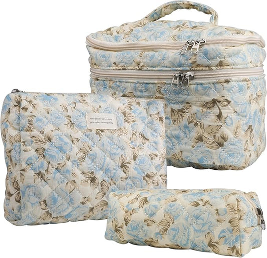 Dual Layer Cute Makeup Bag for Women(3 Pcs), Quilted Floral Coquette Aesthetic Make up Bags, Travel Cosmetic Bags Toiletry Organizer Bag(Blue Leaf)