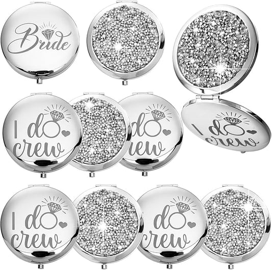 Barydat 10 Pieces Bridesmaid Gifts Set Magnifying Compact Mirror Bride I Do Crew Bridesmaid Proposal Gifts Travel Small Mirror for Purse Makeup Pocket Mirror for Women Wedding Party (Silver)