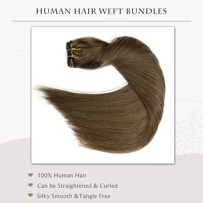 Sew in Hair Extensions Real Human Hair, Ash Brown Hair Extensions Real Human Hair Bundles Weft Hair Extensions Human Hair 80G 12 Inch Hand Tied Weft Hair Extensions Human Hair Sew in Weave for Women