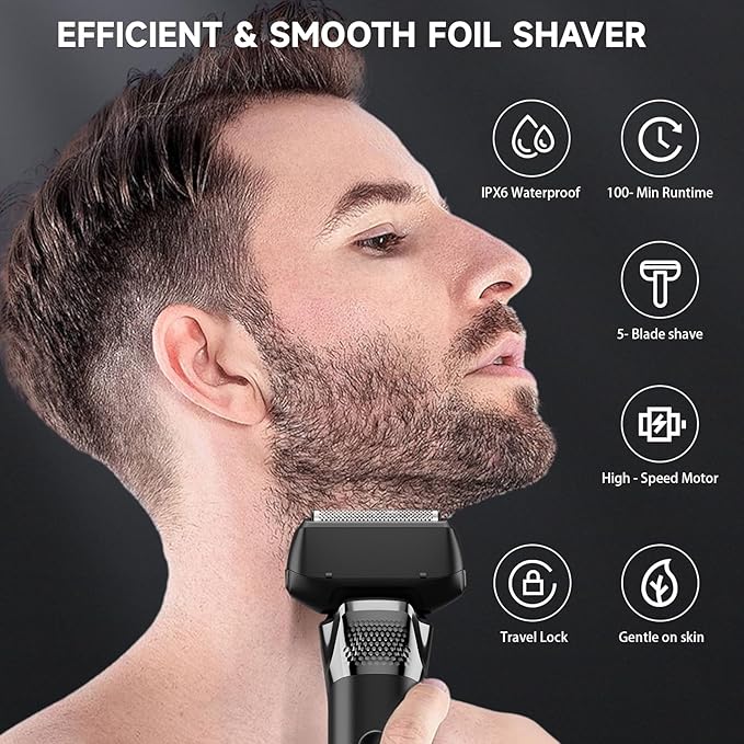 Electric Foil Shavers for Men Rechargeable Electric Razor Cordless Dry Wet Shavers Beard with Pop-Up Trimmer Travel Foil Shaver as Father Husband Boyfriend Gift 2408Black