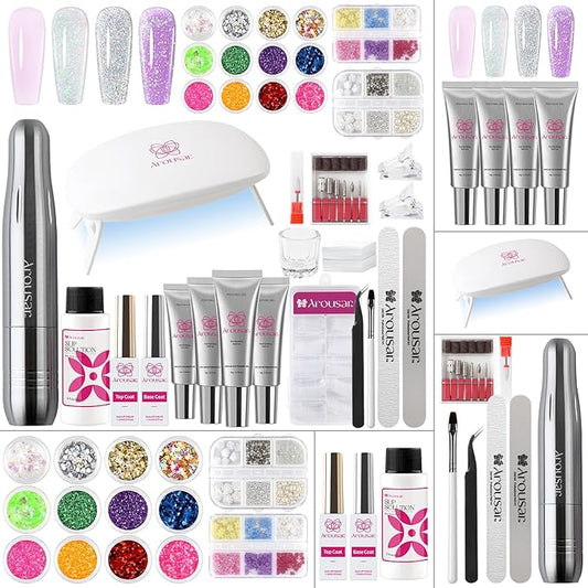 Poly Nail Gel Kit, 15ml*4pcs Nail Extension Gel, Soft Pink Glitter Builder Nail Gel with Top and Base Coat, Slip Solution, Nail Lamp&Drill DIY Salon at Home for Beginner and Professional
