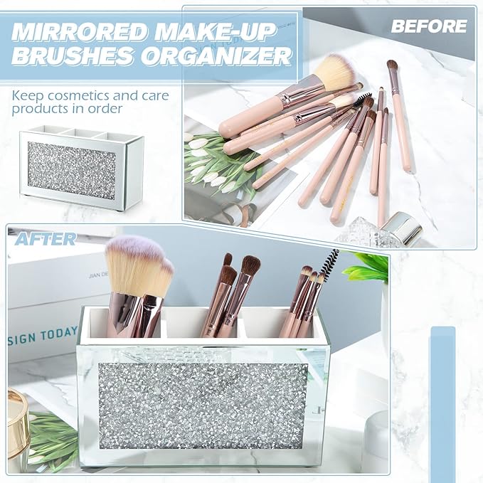 Tanlade 2 Pcs Mirrored Makeup Brush Holder Remote Holder, Mirrored Makeup Organizer with Crushed Diamond Crystals, Vanity Cosmetics Organizer Solution, Pencil Holder Organizer for Desk (3 Compartment)