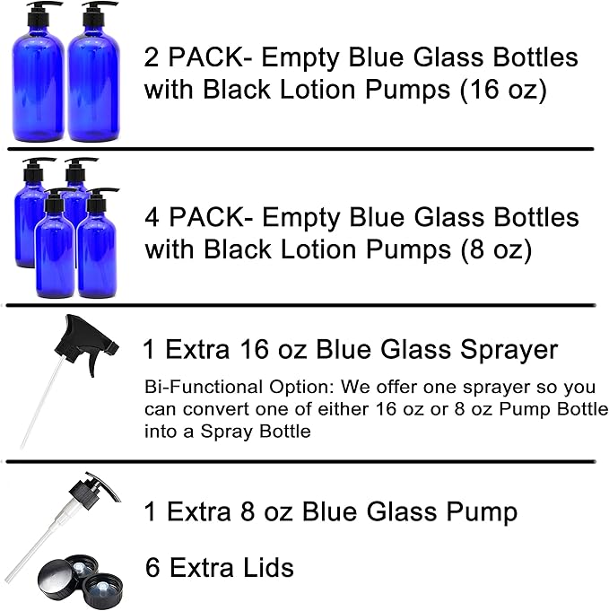 Youngever 6 Pack Empty Glass Pump Bottles, 2 Pack 16 Ounce and 4 Pack 8 Ounce Pump Bottles, Soap Dispenser, Refillable Containers (Blue)