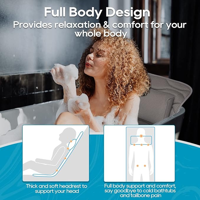 OMYSTYLE Full Body Bath Pillow, Bath Pillows for tub with Mesh Washing Bag & 21 Non-Slip Suction Cups, Spa Bathtub for Head Neck Shoulder and Back Support - 5D Air Mesh & Quick Drying | Gray