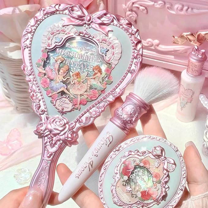 Flower Knows Midsummer Fairytales Hand Mirror,Portable Vintage Handheld Mirror,Durable Metal Mirror,Cute & Aesthetic Princess Mirror,with Long Handle for Easy Holding,Gift for Girls(Tea Menthe)