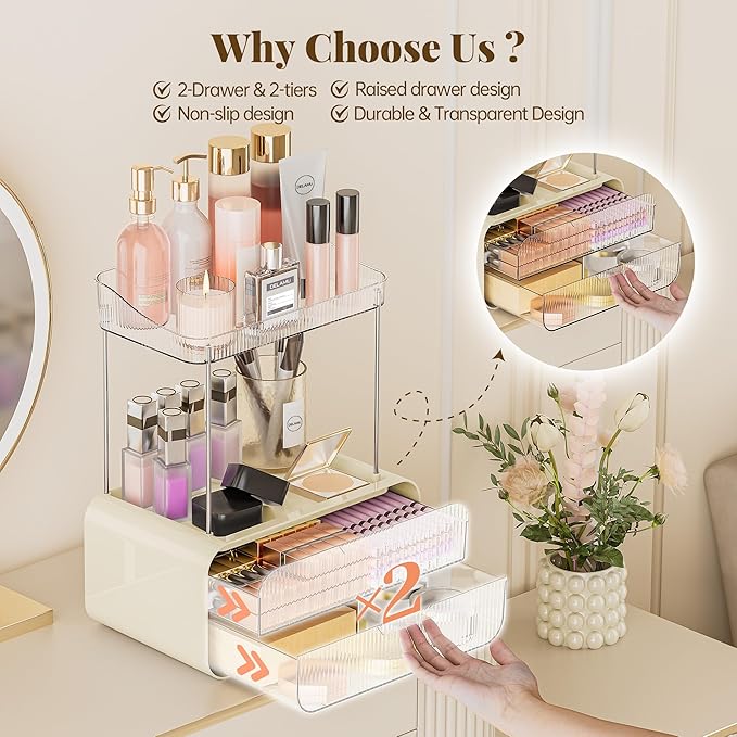 Delamu Bathroom Counter Organizer 2-Drawers 2-Tier Acrylic Makeup Organizer for Vanity Countertop, Skincare Perfume Storage, Easy Assembly, Ideal Gift for Women Cream White