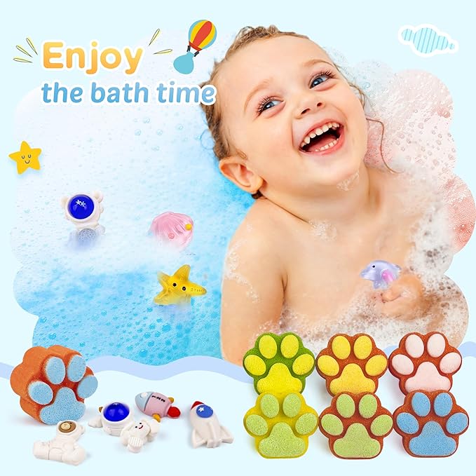 Bath Bombs for Kids with Surprise Inside, 32 Pack Paw Bath Bombs with Toy, Ocean Animals and Space Planet Toys SPA Fizzy Handmade Natural Bath Bomb Gift Set at Christmas, Birthday
