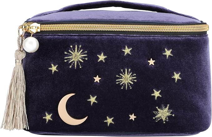 Handy cosmetic makeup bag,square Navy Velvet Embroidered Applique Moon Stars Sun Cosmetic Bag,High capacity Starry Makeup Pouch with Tassels & Pearl Zipper,Beautician Storage Bag Clutch Handbags