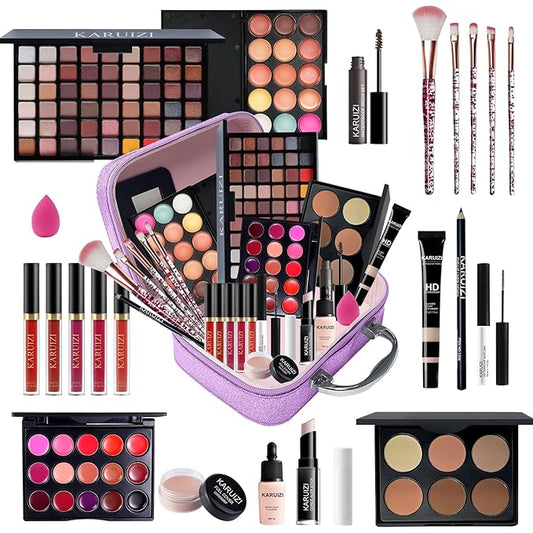 All in One Makeup Kit,Makeup Kit for Women, Teens and Girls, All-in-One Set with Eyeshadow Palettes, Lipsticks, Brushes, Storage Bag,Makeup gift set girls makeup sets ages 8-12 (Purple)