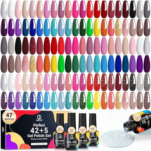 MEFA 47PCS Gel Nail Polish Kit, 42 Colors All Seasons Collection White Nude Pink Colorful Gel Polish Set with 5Pcs Top and Base Coat Primer Manicure Art at Home Salon 7ML Valentines Gifts for Women