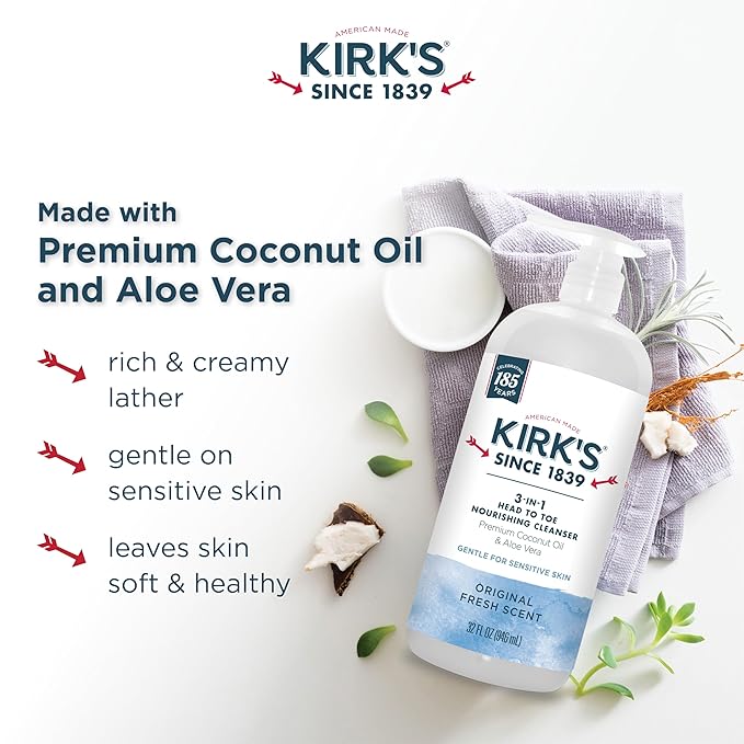Kirk's 3-in-1 Head to Toe Nourishing Cleanser & Travel Size Bar Soap - for Men, Women & Children, Made with Premium Coconut Oil and Aloe Vera, Non-GMO & Vegan, Original Fresh Scent, 32 Fl Oz.