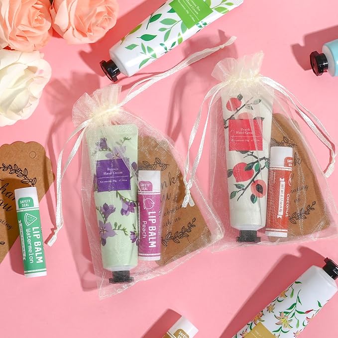 AZEN 60 Sets Hand Cream and Lip Balm Set with Organza Bag Thank You Card, Baby Shower Wedding Gifts for Guests, Bridal Souvenirs for Colleagues Employee Coworkers, Party Favor for Female Friends